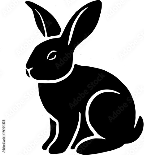 black silhouette of a rabbit,A black silhouette of a rabbit sitting on a white background,A black silhouette of a rabbit sitting on a white background, with its ears upright and body curled