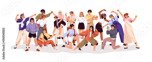 Happy friends are hand gesturing, laughing. Group of people have fun, celebrate success. Teens rejoice together. Team of girls and boys in different poses. Flat isolated vector illustration on white.