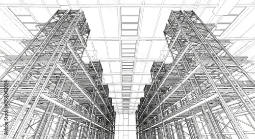 Abstract wireframe perspective of a vast industrial warehouse structure