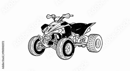 Detailed black and white drawing of a four-wheeled all-terrain vehicle