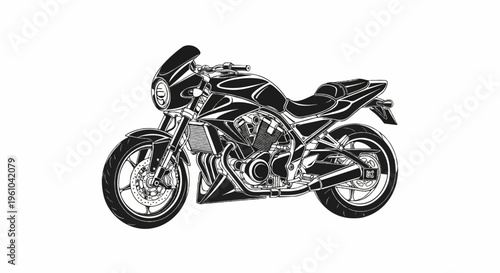 Detailed illustration of a sleek, black motorcycle with a sporty fairing