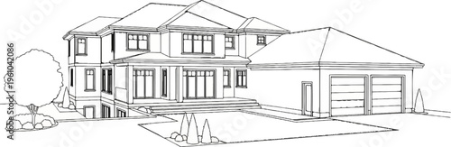 Architectural sketch of a multi-story house with an attached garage and landscaping
