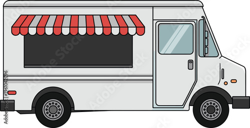 Food truck vector illustration with red and white striped awning for mobile business and catering designs