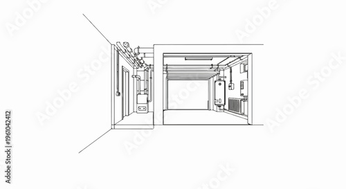 Building interior with pipes, a water heater, a garage door, and a radiator