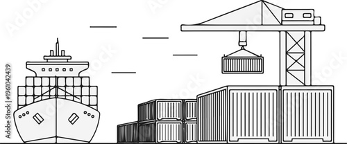Cargo ship docks at port, crane loads container, stack of containers