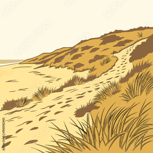 A sandy beach with a path leading to the top of a dune