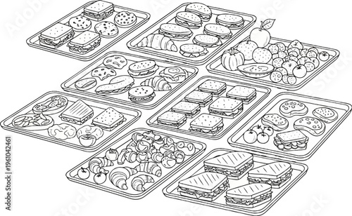 Assortment of sandwiches, cookies, croissants, and fruits on platters