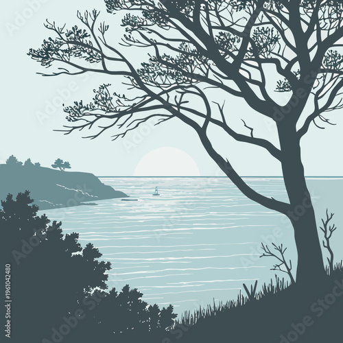 A tree on a hill overlooking the ocean