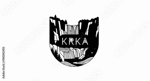 Black and white crest design featuring cascading waterfalls and trees
