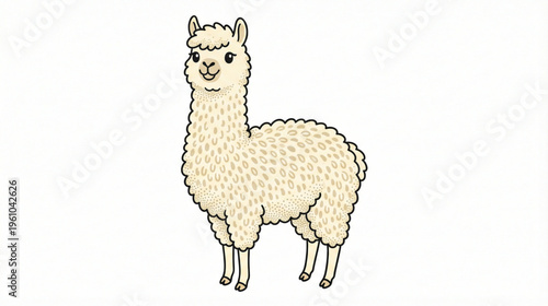 Cute Fluffy White Alpaca or Llama Standing Cartoon Illustration