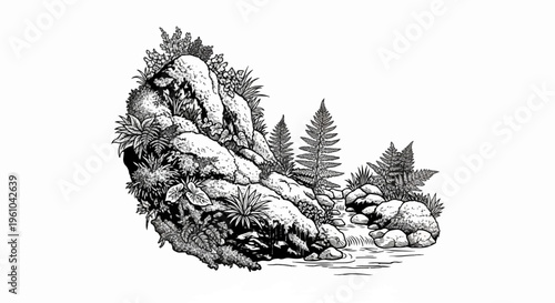 Black and white illustration of a rocky stream bank with ferns and moss