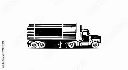 Black and white illustration of a semi-trailer truck carrying logs