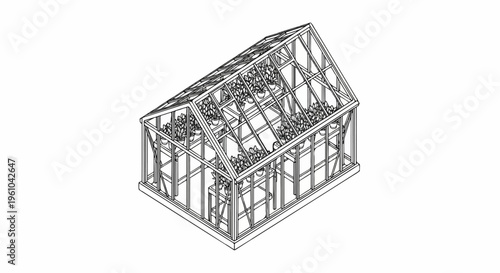 A wireframe drawing of a greenhouse filled with potted plants