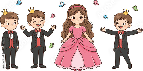 Set of cute cartoon princess and prince characters with crowns and butterflies for fairy tale and children story concepts
