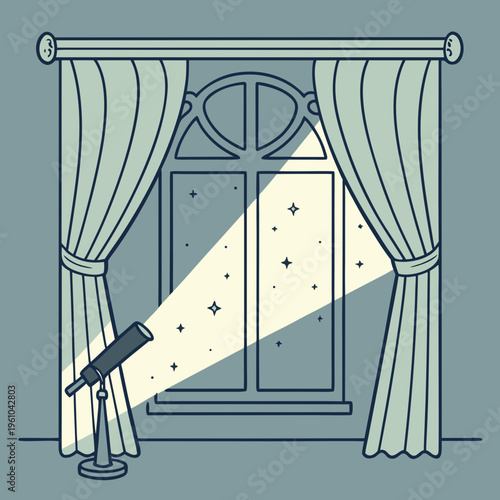 Telescope on a stand pointing out a window at the stars