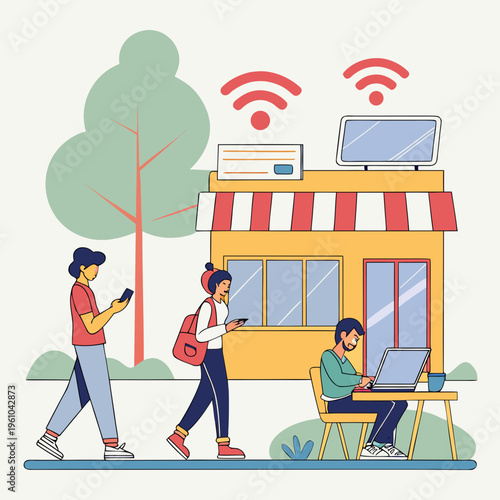 People using devices with wi-fi at a small business