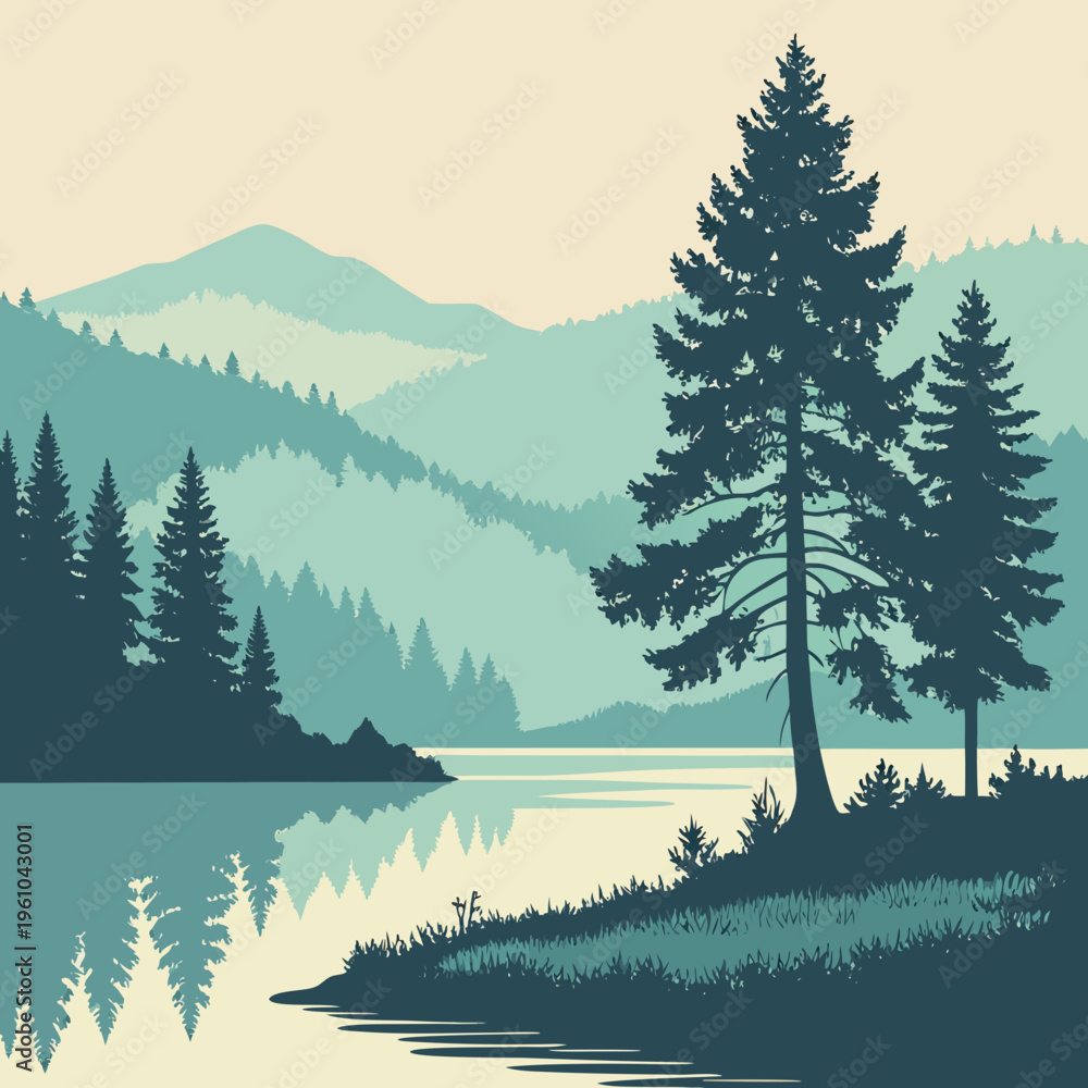 Fototapeta premium A serene lake scene with trees and mountains
