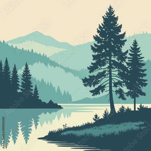 A serene lake scene with trees and mountains