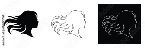 Three Stylized Silhouette Illustrations of Woman's Face with Flowing Hair