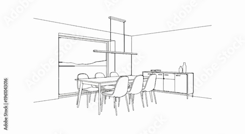 Minimalist dining room setup with a sleek table and chairs, and storage