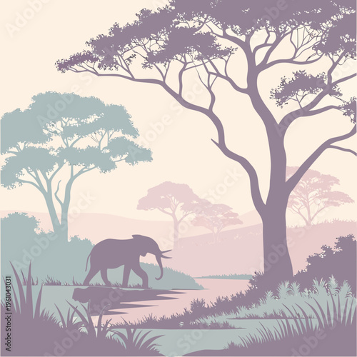 An elephant walking through a serene savannah landscape