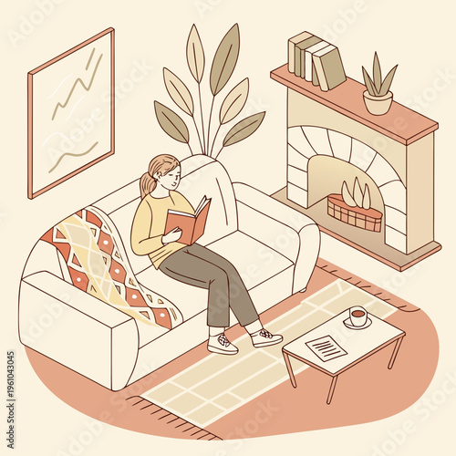 Woman sitting on a couch reading a book