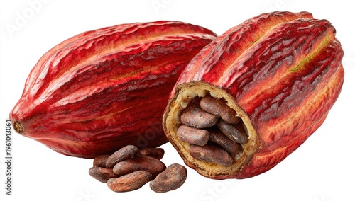 Freshly cut cocoa pods ripe fruit and seeds isolated on white background