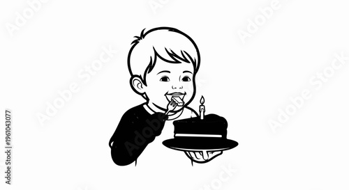 Cheerful boy enjoys a bite of birthday cake with a lit candle