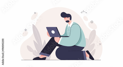 Minimalist illustration of a man working on a laptop on the floor