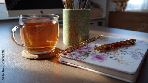 Glass of tea on desk with notebook pen and stationary cup