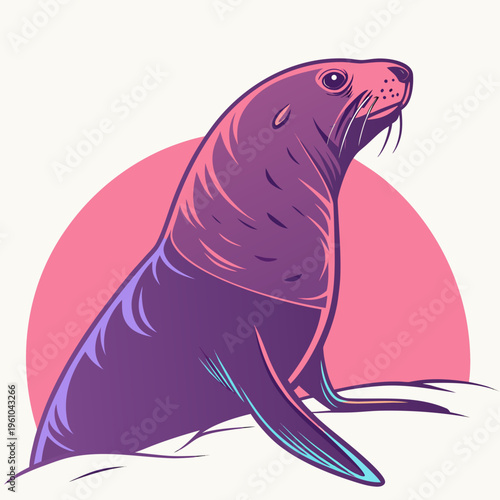 A purple seal sitting on ice looking up