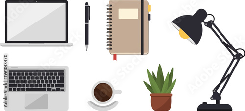 Flat illustration of a desk setup with a laptop, pen, notebook, lamp, coffee, and plant