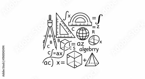 Collection of geometric shapes, mathematical symbols, equations, and instruments
