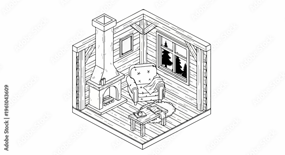 Obraz premium Cozy isometric cabin interior with fireplace, armchair, and window view