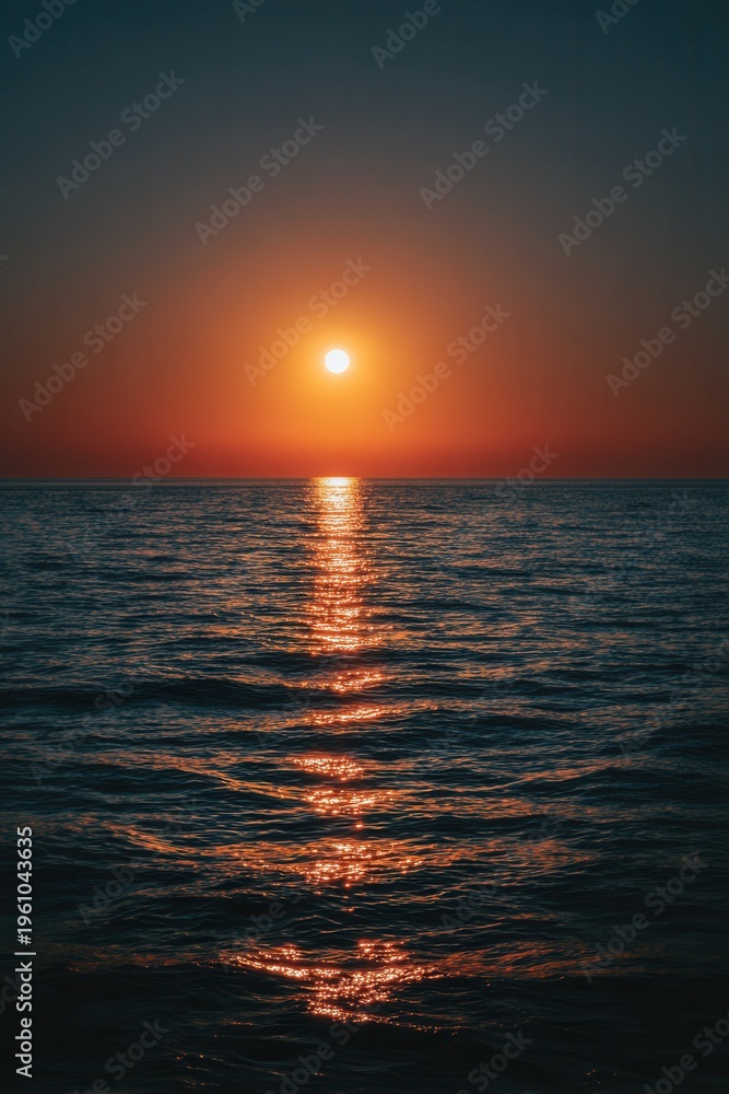 Fototapeta premium Sun sets over calm ocean, casting golden glow across water