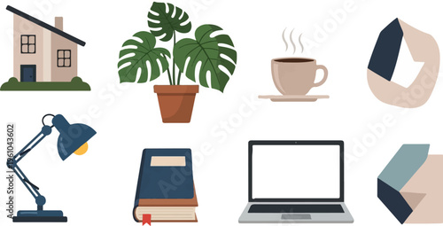 Cozy home office essentials house, plant, coffee, lamp, book, laptop, abstract shapes