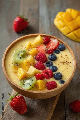 Fresh fruit bowl sits on rustic wood