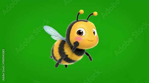 A fluffy cartoon bee with black stripes and transparent wings flies on a green background