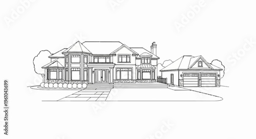 Detailed architectural sketch of a large, elegant two-story house with a garage