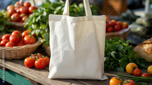 Blank Canvas Tote Bag at Farmers Market – Sustainable Eco Friendly Shopping Concept