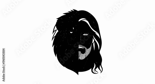 Dualistic face merging a human and a lion in black and white