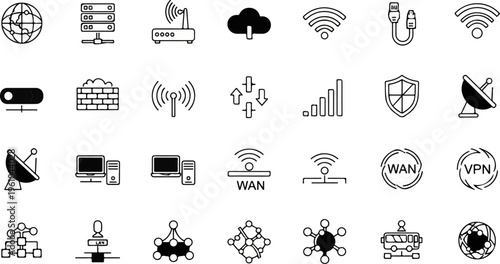 Network icons showing global connection, servers, routers, cloud, WiFi, and security