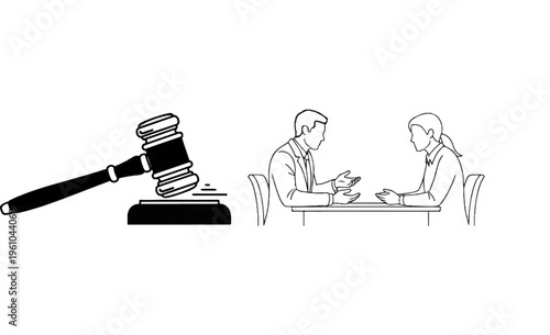 Gavel and two people talking at a table