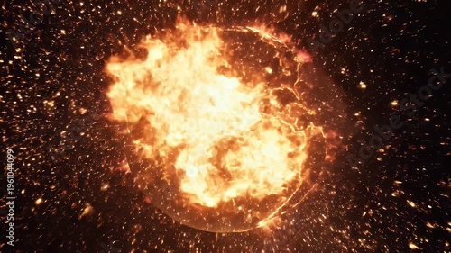 Fiery celestial body erupts with radiant cosmic dust and energy