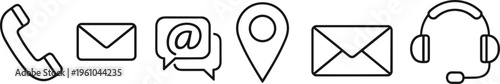 Minimal Contact Communication Icon Set with Phone Email Chat Location Support Symbols for Websites Apps UI Interface and Customer Service Design.
