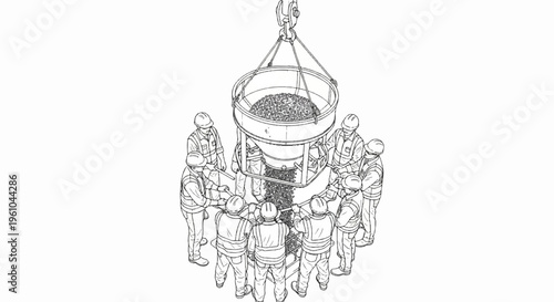 Construction workers operating a crane-suspended hopper for material transport