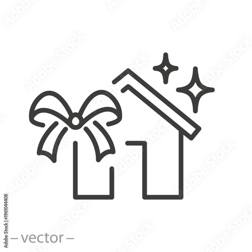 new home icon, house with bow, present or special offer, gift housing, thin line symbol on white background - editable stroke vector illustration eps10
