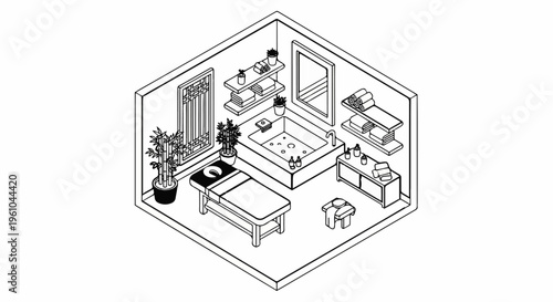 Isometric line drawing of a tranquil spa room with a massage table and bathtub