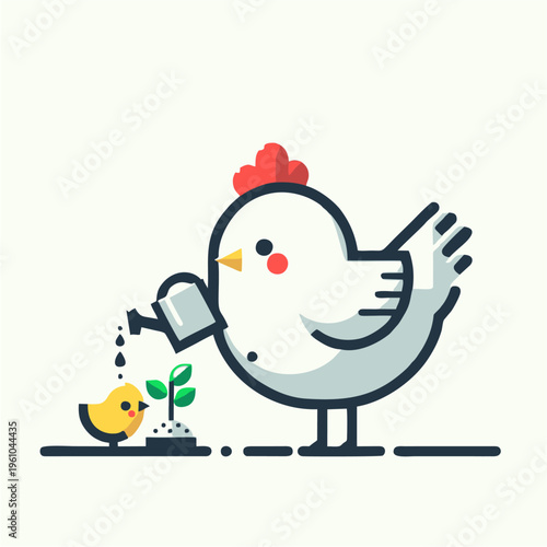 Cute cartoon hen with colorful Easter eggs wearing a Santa hat in a happy winter illustration featuring a funny penguin and snowman for a festive holiday celebration