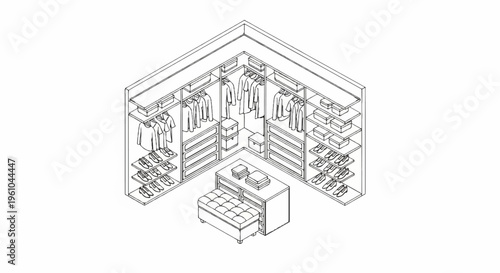 Isometric line drawing of a walk-in closet with clothing and shoes neatly organized